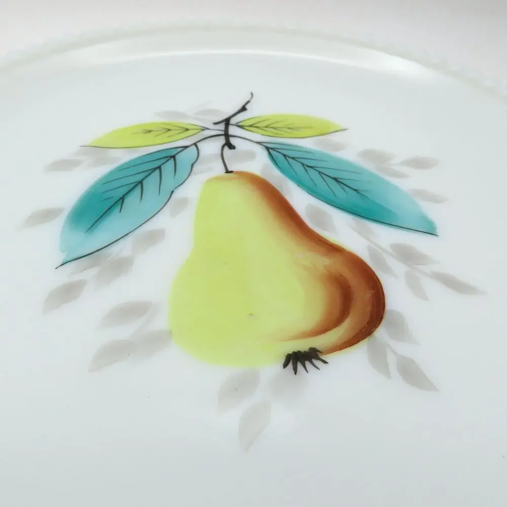 Vintage Milk Glass Decorative Dessert Plate Pear Design Beaded Rim 7.5 Inch